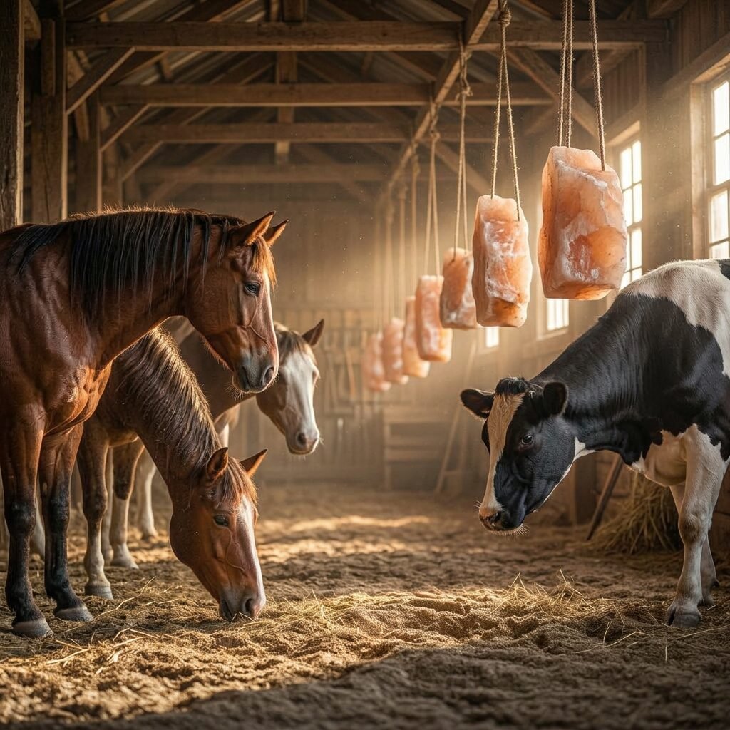 Himalayan lick salt blocks hanging on ropes in a stable