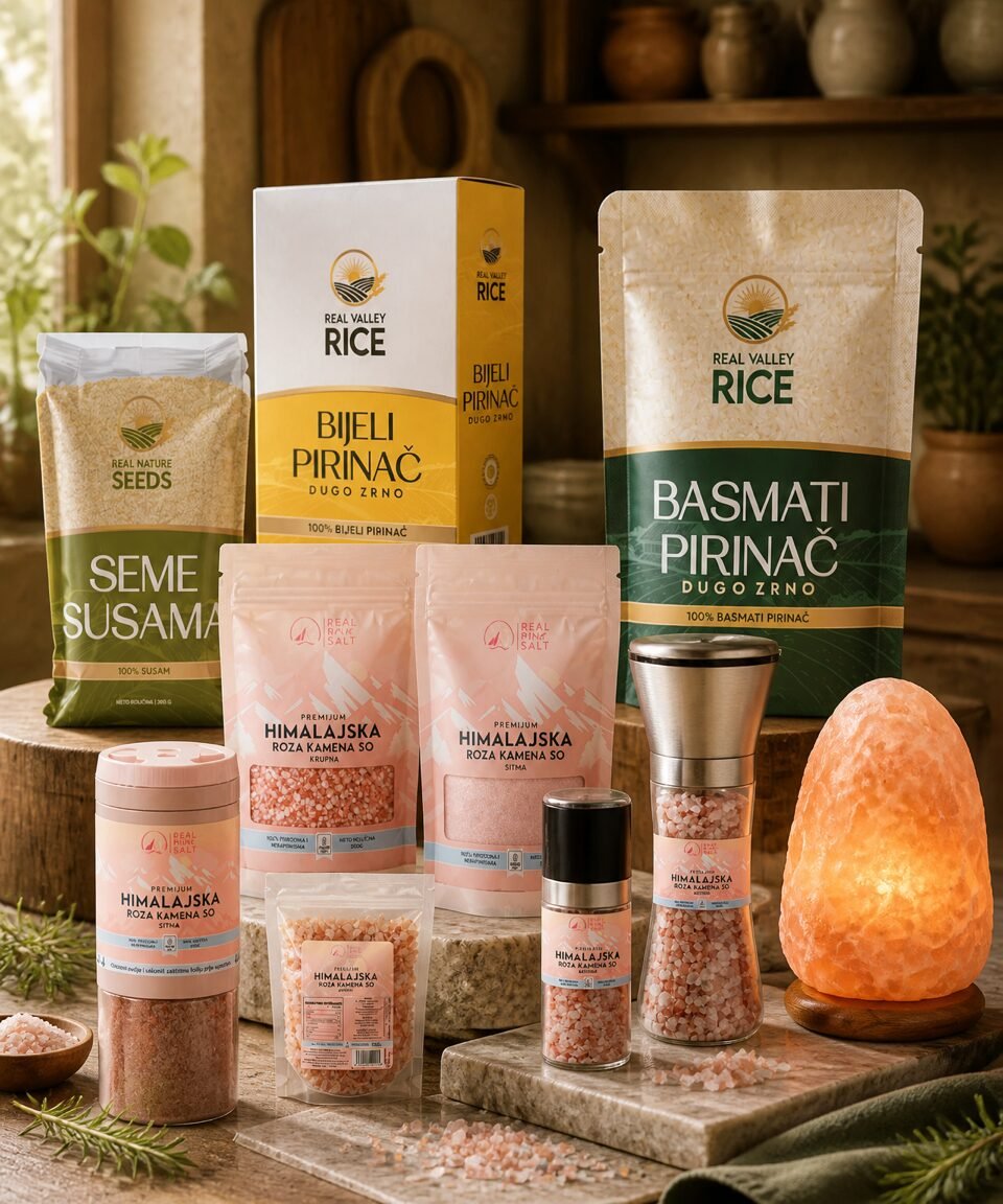 The RealPak Trade portfolio - Himalayan pink salt, rice and sesame seeds in retail packaging