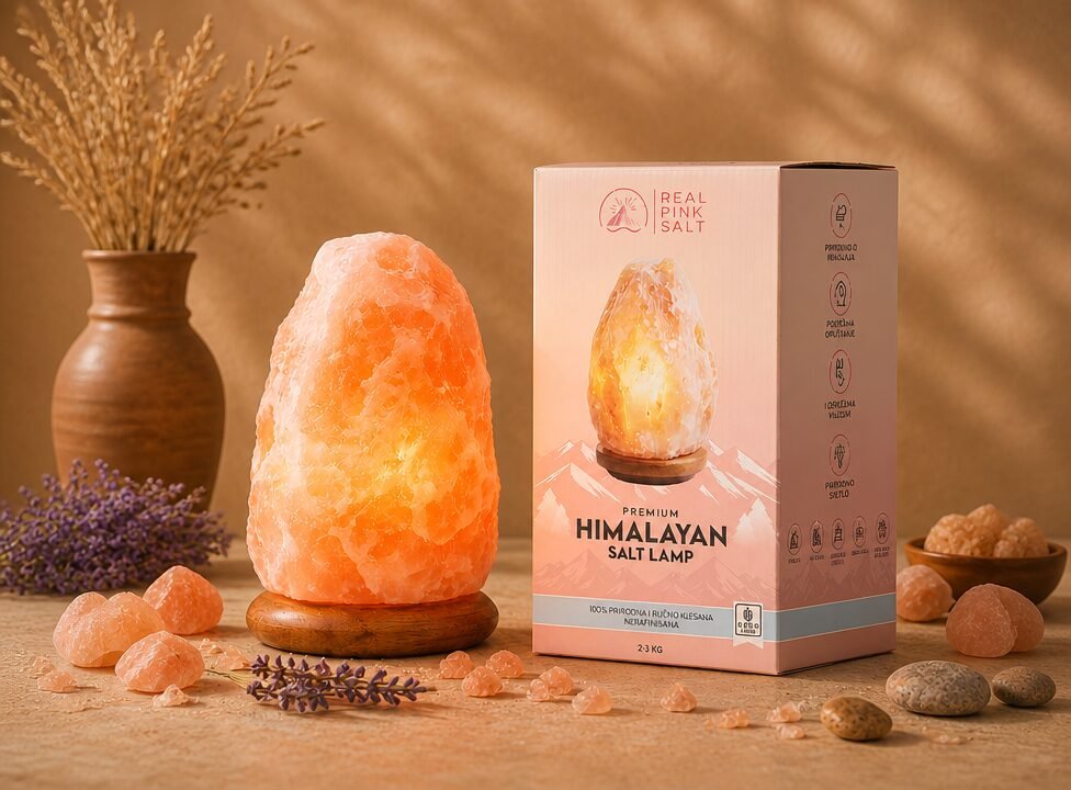 Himalayan salt lamp on a wooden base with its retail box