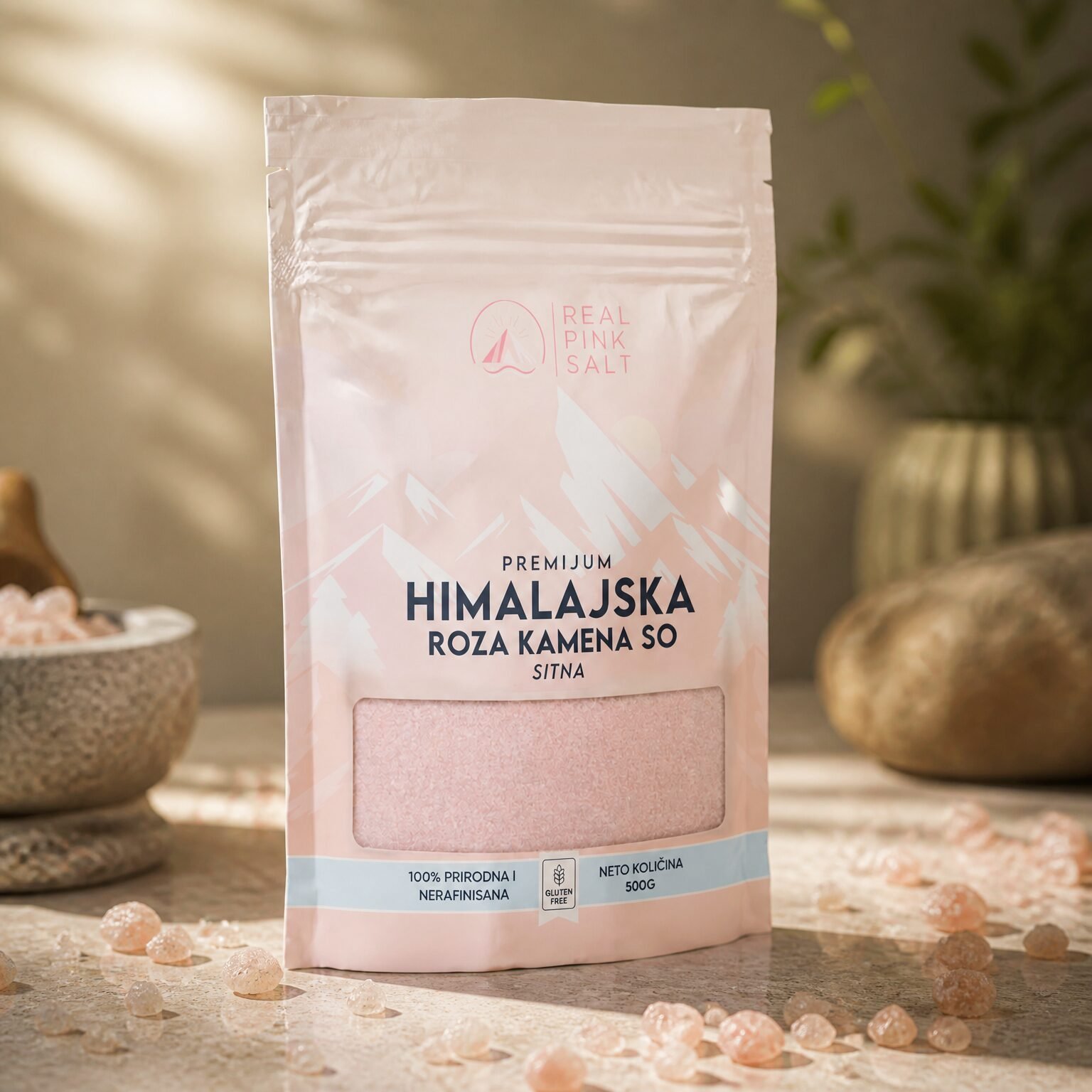 Himalayan pink salt in a resealable zip-lock standing pouch