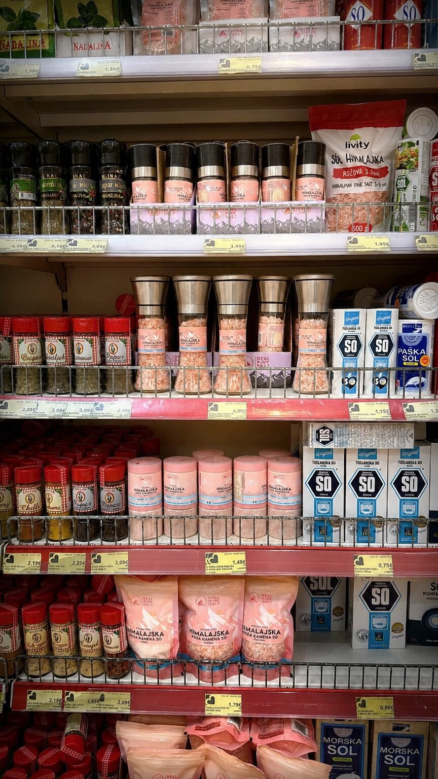 Himalayan salt products merchandised on a European supermarket shelf