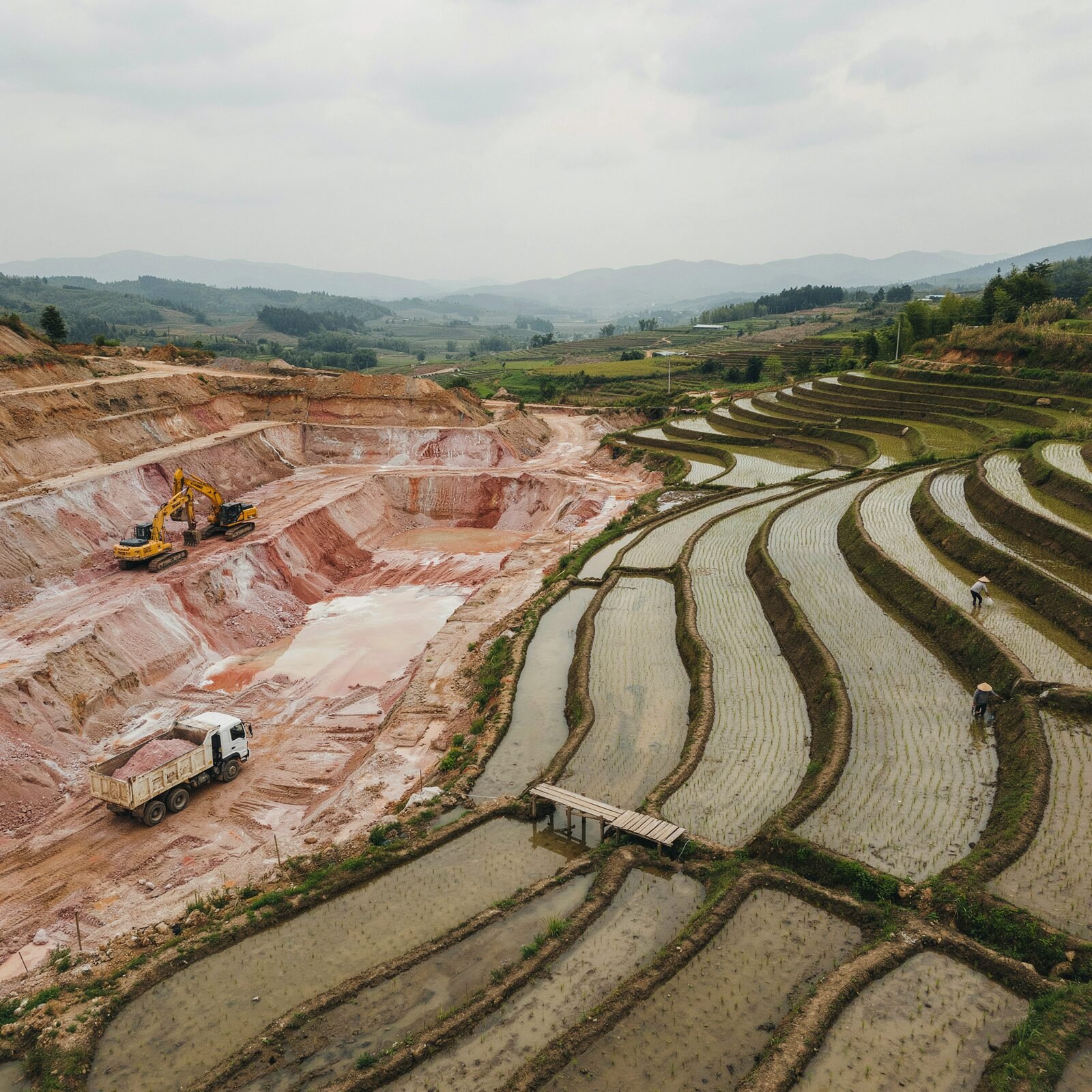 Himalayan salt mine terraces alongside Pakistani rice fields at origin