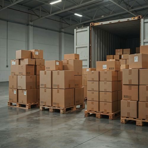 Palletised cartons staged in a warehouse ahead of container loading